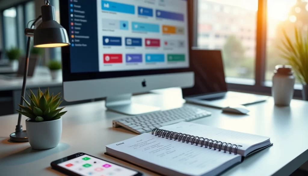 Workspace with computer showing social media dashboard, notebook and smartphone, an ideal setup for running a social media audit in 60 minutes.